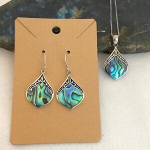 Sterling Silver 925 Paua Abalone Scrollwork Pendant Necklace & Earring Set